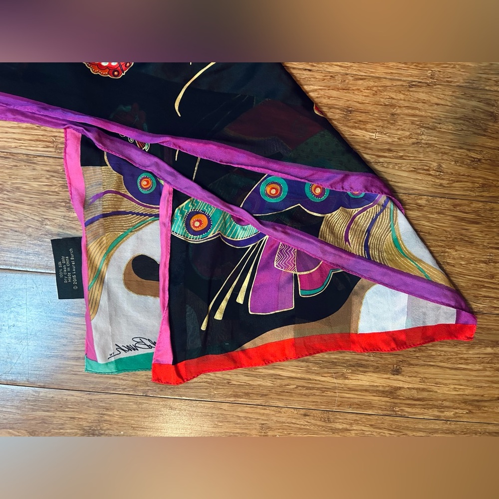 Vintage Laurel Burch 100% Silk Scarf Multicolor Butterfly Long Designer Wrap - Picture 12 of 16